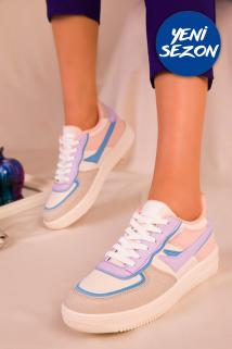 STOCON Exclusive Bej Pudra Lila Kadın Sneaker Spor Ayakkabı